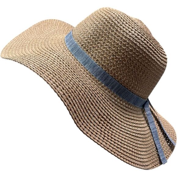 Tan Wide Brim with Blue Ribbon Straw Sun Hat - Picture 8 of 8